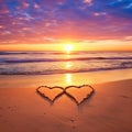 Two hearts on a sandy beach, against the background of beautiful sunset sun and a multicolored sky with clouds Royalty Free Stock Photo