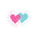 Two hearts with shining beams. Love sign. Valentine`s day card Royalty Free Stock Photo