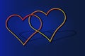 Two hearts sign. Vector. Blue gradient contour icon at grayish background with light in center.