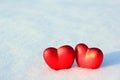 Two Hearts in the Snow. Love, Valentine`s Day Royalty Free Stock Photo