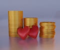 two hearts with three stack of gold coins