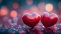 Two hearts are on a wet surface, with a blurry background Royalty Free Stock Photo
