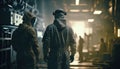 Two Heavy Industry Employees in Safety Uniform and Hard Hats Walking and Talking in a Factory. Engineer and Technician