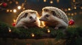 Festive Hedgehog Holiday Season: Two Cute Hedgehogs Celebrate with Twinkling Christmas Lights. Royalty Free Stock Photo