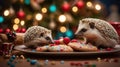 Two Adorable Hedgehogs Enjoying a Festive Christmas Cookie Feast Together Under the Lights Royalty Free Stock Photo