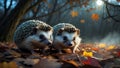 Two Adorable Hedgehogs in Autumn Forest Royalty Free Stock Photo