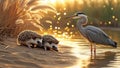 Golden Hour: Two Adorable Hedgehogs and a Great Blue Heron by the Lake Royalty Free Stock Photo
