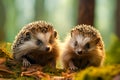 Two hedgehogs looking forward in a forest with green moss.