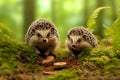 Two hedgehogs looking forward in a forest with green moss.