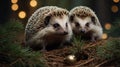 Two Cute Hedgehogs Sit Together on a Bed of Pine Needles and Christmas Lights Royalty Free Stock Photo