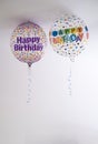 two helium balloons decorated with colored dots and a happy birthday message, with a hanging ribbon, on the roof of a white room, Royalty Free Stock Photo