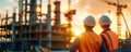 Two helmeted workers observing a construction site at sunset, with numerous cranes and a partially built structure in the Royalty Free Stock Photo