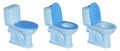 Blue ceramic toilet bowl with plastic lid and seat, in three versions - with closed and open lid, with raised and lowered seat Royalty Free Stock Photo