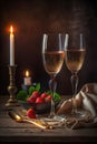 Two high glasses of champagne with a bowl of strawberries and candles on wooden table, shot in low key. Romantic dinner atmosphere Royalty Free Stock Photo