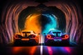 Two high speed sports cars in motion, racing moment in neon light. Neural network generated art