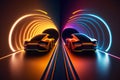 Two high speed sports cars in motion, racing moment in neon light. Neural network generated art