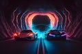 Two high speed sports cars in motion, racing moment in neon light. Neural network generated art