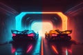 Two high speed sports cars in motion, racing moment in neon light. Neural network generated art