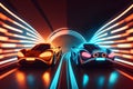 Two high speed sports cars in motion, racing moment in neon light. Neural network generated art