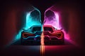 Two high speed sports cars in motion, racing moment in neon light. Neural network generated art