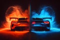 Two high speed sports cars in motion, racing moment in neon light. Neural network generated art