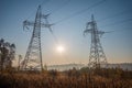 Two high voltage power lines go into the distance. Royalty Free Stock Photo