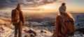 Two hikers admiring a scenic view from a snowy mountain top. Adventurous young man and woman with backpacks. Hiking and trekking