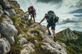 Two Hikers Climbing Up a Rocky Mountain, Friendship enduring a steep climb as hiker helps friend reach the top, AI Generated