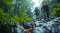 Two hikers exploring a verdant forest filled with plant life and towering trees Royalty Free Stock Photo