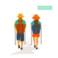 Two hikers man and woman traveling, back view
