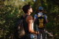 Two hikers men walk on trek in mountain. Trekking in mountains. Hills and mounts in sport tourism Royalty Free Stock Photo