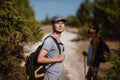 Two hikers men walk on trek in mountain. Trekking in mountains. Hills and mounts in sport tourism Royalty Free Stock Photo