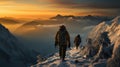 Two hikers in the mountains at sunset. Beautiful winter landscape with snow covered mountains Royalty Free Stock Photo