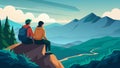 Two hikers perched on a rocky ledge their eyes fixed on the stunning views of rolling hills and distant mountains Royalty Free Stock Photo