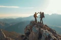 Two Hikers Summiting a Mountain Peak, A true show of friendship with a hiker assisting his friend on a mountaintop, AI Generated