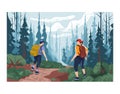 Two hikers trekking through dense forest, male female explorers backpacks. Couple enjoying