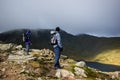 Two hikers viewing Red Tarn from Helvellyn