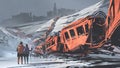 Two hikers walking through a train wrecked