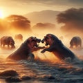 Two hippopotamuses fighting in river, at day break Royalty Free Stock Photo