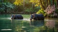 Tapirs Enjoying a Refreshing Swim in the Calm River of Lush Tropical Rainforest Royalty Free Stock Photo