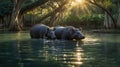 Two Malayan Tapirs enjoying a Refreshing Bath in a Tranquil Tropical River Royalty Free Stock Photo