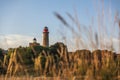 CAPE ARKONA, GERMANY, JULY 27, 2018: The two historic Lighthouses of Cape Arkona at sunset, seen from the cultivated fields in for