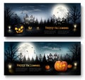 Two Holiday Halloween Banners with Pumpkins and Moon. Royalty Free Stock Photo
