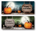 Two Holiday Halloween Banners with Wooden Sign.