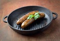 Two home-made sausages with parsley in a frying pan on a wooden background