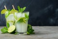 Two homemade lemonade or mojito cocktail with lime, mint and ice cubes in a glass on a dark stone table. Fresh summer Royalty Free Stock Photo