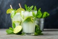 Two homemade lemonade or mojito cocktail with lime, mint and ice cubes in a glass on a dark stone table. Fresh summer Royalty Free Stock Photo