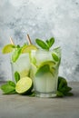 Two homemade lemonade or mojito cocktail with lime, mint and ice cubes in a glass on a light stone table. Fresh summer Royalty Free Stock Photo