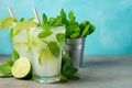 Two homemade lemonade or mojito cocktail with lime, mint and ice cubes in a glass on a light stone table. Fresh summer drink. With Royalty Free Stock Photo