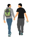 Two homosexual boys walking and hand holding illustration. Handsome gay couple tenderness in public. Royalty Free Stock Photo